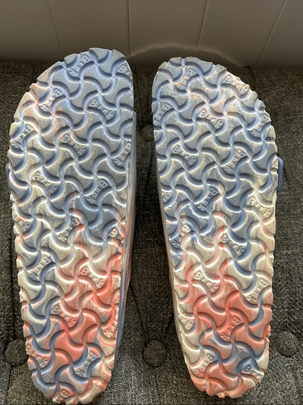 Birkenstock Essentials Arizona Two-Strap Sandals in Light Blue and Coral Swirl - Picture 4 of 5